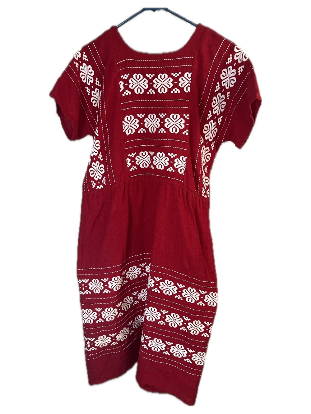 Vintage Mexican Huipil  hand woven Red Embroidered Midi Tunic